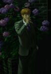  1boy absurdres brick_wall cigarette collared_shirt flower formal grey_jacket grey_pants hand_in_pocket hand_up highres holding holding_cigarette hydrangea jacket looking_at_viewer m_psycho_83 male_focus necktie night orange_hair outdoors pants reigen_arataka shirt short_hair smoke smoking solo standing suit white_shirt 