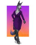  2023 5_fingers anthro breasts clothed clothing digital_media_(artwork) dress equid equine eyebrows feathering female fingers fur gradient_background gynja_(skuggamul) hair hand_on_hip hi_res hooves hybrid jewelry long_ears looking_at_viewer mammal mule multicolored_body multicolored_hair necklace purple_eyes simple_background smile solo teeth the_draft_horse two_tone_body two_tone_hair two_tone_tail 