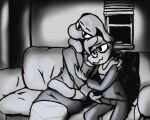  anthro apode black_and_white blinds clothed clothing controller draconcopode duo embrace female furniture hug june_(sevens_artchive) legless lizard male monochrome remote_control reptile scalie serpentine sevens_artchive sofa window wyede_(sevens_artchive) 