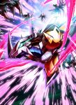  armor claws digimon digimon_(creature) fighting flying green_eyes highres horns mecha muscular nomigid red_hair robot shoulder_armor tail wargreymon wings 