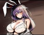  1girl absurdres animal_ears bangs blush bra breasts cleavage closed_mouth commentary highres large_breasts long_hair looking_at_viewer mizuga purple_hair rabbit_ears rabbit_girl red_eyes reisen_udongein_inaba sweatdrop symbol-only_commentary touhou underwear upper_body white_bra 