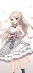  1girl :d breasts brown_eyes cleavage_cutout clothing_cutout commentary commission conte_di_cavour_(kancolle) demmy dress frilled_dress frills gloves grey_hair heart heart_hands highres kantai_collection large_breasts long_hair looking_at_viewer smile solo two_side_up white_dress white_gloves 