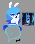  absurd_res anthro big_butt blue_clothing blue_dress blue_hair butt clothing dress eyelashes eyeshadow female fur ghost ghost_tail grey_background hair hi_res jjoyplus lagomorph leporid looking_at_viewer looking_back looking_back_at_viewer makeup mammal mario_plus_rabbids_sparks_of_hope midnite_(mario_plus_rabbids) open_mouth purple_eyes purple_eyeshadow rabbid rabbit raving_rabbids rayman_(series) rear_view simple_background solo spirit thick_thighs translucent translucent_body ubisoft white_body white_fur wide_hips 