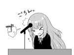  &gt;_&lt; 1girl ^^^ angel_beats! bangs blazer blush closed_eyes collared_shirt greyscale irie_miyuki jacket long_hair microphone microphone_stand monochrome nakamura_hinato neck_ribbon open_mouth ribbon shirt simple_background solo sweat translation_request upper_body very_long_hair white_background 