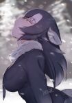  1girl animal_ears black_hair black_jacket blurry blurry_background breast_pocket breasts breath closed_eyes commentary ears_down from_side fur_collar grey_wolf_(kemono_friends) highres howling jacket kemono_friends large_breasts long_hair long_sleeves masuyama_ryou multicolored_hair necktie open_mouth pocket profile snow snowing solo two-tone_hair white_hair winter wolf_ears wolf_girl 