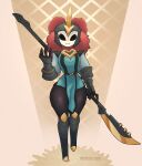  2020 anthro armor arthropod belt black_body black_eyes black_skin clothed clothing fan_character female glaive hair headgear helmet hi_res holding_object holding_weapon hollow_knight hymenopteran insect melee_weapon polearm proxicute raising_arm red_hair smile smiling_at_viewer solo team_cherry thick_thighs walking_towards_viewer weapon 
