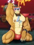  2021 5_fingers abs anthro areola bear biceps biped blush bow_tie bulge claws clothing digital_media_(artwork) fingers five_nights_at_freddy&#039;s five_nights_at_freddy&#039;s:_security_breach glamrock_freddy_(fnaf) hand_behind_head hat headgear headwear hi_res kneeling led_owo male mammal narrowed_eyes nipple_piercing nipples pecs piercing quads scottgames simple_background smile solo thick_thighs top_hat triceps 