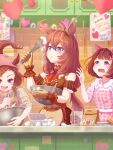  3girls :t absurdres ahoge animal_ears apron ascot bag bandana bangs blue_eyes blurry blurry_background bob_cut book bowl brooch brown_dress brown_hair closed_mouth clothing_cutout collared_dress commentary crown_patisserie_(umamusume) dress ear_covers egg_(food) english_text food frown gloves grey_gloves grey_sweater hair_ornament hairclip heart highres holding holding_bowl holding_whisk horse_ears horse_girl horse_tail indoors jewelry kitchen kongariinu long_hair looking_at_another measuring_cup mihono_bourbon_(code:glassage)_(umamusume) mihono_bourbon_(umamusume) mixing_bowl multiple_girls nishino_flower_(feelings_loaded_into_a_small_prize)_(umamusume) nishino_flower_(umamusume) official_alternate_costume open_mouth paper_bag pink_apron pink_bandana pink_dress red_ascot sakura_bakushin_o_(explosive!_quick!_a_flower_storm!)_(umamusume) sakura_bakushin_o_(umamusume) short_hair short_sleeves shoulder_cutout sleeves_rolled_up smile standing stirring sweater tail umamusume valentine whisk x_hair_ornament 