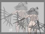  1girl arrow_(projectile) back chainsaw_man crossbow_devil_(chainsaw_man) grey_background grey_theme highres muted_color nude quanxi_(chainsaw_man) simple_background solo spikes tumubar117 