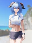  1girl ahoge alternate_costume blue_hair blue_sky blurry blurry_background commentary cowboy_shot day ganyu_(genshin_impact) genshin_impact grey_shorts hair_between_eyes highres horns lit_for_20 long_hair looking_at_viewer midriff navel outdoors shirt short_shorts short_sleeves shorts sky smile solo standing stomach thighs white_shirt yellow_eyes 