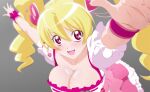  1girl arms_up blonde_hair breasts cleavage collarbone cure_peach earrings fresh_precure! frilled_skirt frills fuchi_(nightmare) gradient_background grey_background hair_between_eyes hair_ornament heart heart_earrings heart_hair_ornament jewelry large_breasts light_blush long_hair looking_at_viewer magical_girl momozono_love open_mouth pink_eyes pink_skirt precure puffy_short_sleeves puffy_sleeves short_sleeves skirt smile solo twintails wrist_cuffs 