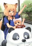  1boy 1girl :d animal_ear_fluff animal_ears animal_hat arm_up backpack bag bangs batta_(kanzume_quality) beanie blonde_hair blue_shirt breasts cleavage collarbone commentary_request day fox_ears fox_girl fox_shadow_puppet fox_son_(batta_(kanzume_quality)) fox_tail fox_wife_(batta_(kanzume_quality)) grey_eyes hair_between_eyes hair_over_shoulder hat looking_at_viewer low_twintails medium_breasts mother_and_son original outdoors puffy_short_sleeves puffy_sleeves shirt short_sleeves short_twintails smile tail twintails white_headwear wide_sleeves 