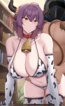  1boy 1girl animal_ears animal_print arknights bangs bare_shoulders bell bikini blush breasts collar collarbone commentary cow_ears cow_horns cow_print doctor_(arknights) elbow_gloves english_commentary gloves heart heart-shaped_pupils hetero highres horns indoors kanta_(kanta_077) navel parted_lips purple_hair red_collar sex sex_from_behind sideboob sideroca_(arknights) solo_focus swimsuit symbol-shaped_pupils thighhighs thighs torso_grab underboob yellow_eyes 