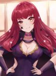  1girl bangs black_bodysuit black_cape bodysuit breasts cape choker cleavage clothing_cutout commentary covered_navel english_commentary fire_emblem fire_emblem_engage grin hair_ornament hands_on_hips highres large_breasts leonmandala long_hair looking_at_viewer orange_eyes pink_choker red_hair smile solo star_(symbol) star_hair_ornament yunaka_(fire_emblem) 