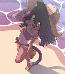  1girl animal_ear_fluff animal_ears arm_at_side bangs bare_shoulders beach bikini cat_ears cat_girl cat_tail day fang flat_chest flipped_hair full_body green_eyes grey_hair hair_between_eyes hand_up hat highres holding holding_clothes holding_hat light_blush long_hair looking_at_viewer navel ocean open_mouth orenji_(wholesomeorenji) original pink_bikini sand sandals smile solo spaghetti_strap standing standing_on_one_leg straight_hair strap_slip swimsuit tail tan tanlines v-shaped_eyebrows yellow_footwear yellow_headwear 