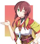  1girl bob_cut brown_hair closed_mouth dress flower_knot green_dress green_eyes hand_on_hip hand_up inverted_bob japanese_clothes low_twintails nagidori nanaka_(tenka_hyakken) obi obijime one_eye_closed open_hand sash short_sleeves smile tenka_hyakken twintails 