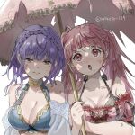  2girls :o bangs bare_shoulders bikini black_bikini blue_bikini braid breasts brown_eyes cleavage closed_mouth collarbone crown_braid fingernails fire_emblem fire_emblem:_three_houses fire_emblem_heroes frown furrowed_brow halterneck hand_up hilda_valentine_goneril hilda_valentine_goneril_(summer) holding holding_umbrella light_purple_hair long_hair makoto_139 marianne_von_edmund marianne_von_edmund_(summer) medium_breasts messy_hair multiple_girls official_alternate_costume pink_eyes pink_hair pink_umbrella simple_background split_mouth swimsuit torn_bikini twintails umbrella v-shaped_eyebrows white_background 