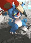  aomon_(yuuji7604) claws closed_mouth debris destruction digimon digimon_(creature) fangs fighting growmon highres horns open_mouth red_eyes reflection smile tail veemon yellow_eyes 
