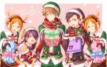  5boys :o ;d animal_ears antlers aoi_hinata aoi_yuta bangs beads bell belt black_bow black_gloves black_hair black_headwear black_jacket black_scarf blonde_hair blue_eyes border bow bowtie box brothers brown_belt brown_hair christmas commentary_request dated deer_ears earmuffs ensemble_stars! fake_animal_ears fake_antlers fur-trimmed_headwear fur_trim gift gift_box gloves green_bow green_eyes green_headwear green_jacket hair_over_one_eye hairband hand_up hat holding holding_gift jacket kina_(446964) long_sleeves looking_at_viewer male_focus merry_christmas multicolored_hair multiple_boys nagumo_tetora one_eye_closed one_eye_covered open_mouth orange_hair orange_headwear orange_jacket outside_border outstretched_arm outstretched_arms parted_bangs parted_lips pink_background pink_bow pink_ribbon pom_pom_(clothes) raised_eyebrows red_eyes red_hair red_scarf reindeer_antlers ribbon santa_costume santa_hat scarf sengoku_shinobu short_hair siblings simple_background smile standing star_(symbol) streaked_hair striped striped_bow stuffed_animal stuffed_toy sweatdrop swept_bangs takamine_midori teddy_bear teeth twins upper_teeth_only v-shaped_eyebrows white_border wide_sleeves yellow_bow yellow_eyes 