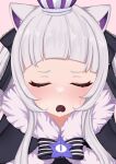  1girl absurdres akaki_tsubasa animal_ear_fluff animal_ears black_bow black_cloak blush bow candy cat_ears chocolate cloak closed_eyes commentary_request crown facing_viewer food food_in_mouth forehead fur-trimmed_cloak fur_trim grey_hair hair_bow heart heart-shaped_chocolate highres hololive long_hair mini_crown mouth_hold murasaki_shion pink_background short_eyebrows simple_background solo sweat twintails upper_body valentine virtual_youtuber 