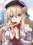  1girl agnes_claudel beret blonde_hair blue_eyes blush box box_of_chocolates breasts eiyuu_densetsu gift hair_between_eyes hair_bun hat heart-shaped_box holding holding_gift kuro_no_kiseki large_breasts long_hair looking_at_viewer portrait solo upper_body zer00han 