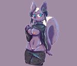  absurd_res aggressive_retsuko anthro big_tail bow_tie breasts clothed clothing clothing_lift dawrklawst exposed_breasts female fluffy genitals hi_res hoodie lowered_pants mammal mephitid midriff purple_body pussy sanrio shikabane_(aggressive_retsuko) shirt shirt_lift skunk solo tail topwear unimpressed 