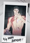  1boy dkbyak grey_hair happy_birthday highres holding holding_clothes ian_(wet_sand) jewelry looking_at_viewer male_focus necklace nude one_eye_closed polaroid purple_eyes ring short_hair smile solo wet_sand 