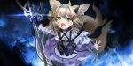  1girl animal_ear_fluff animal_ears apron arknights arm_up bangs bare_shoulders black_gloves blonde_hair blue_fire blue_hairband braid fire fox_ears fox_girl fox_tail gloves green_eyes hair_between_eyes hair_rings hairband kyushi_(user_41158199) open_mouth outstretched_arm pleated_skirt purple_skirt shirt single_glove skirt solo suzuran_(arknights) tail tears waist_apron white_apron white_shirt 