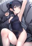  1girl absurdres armpits bangs bare_legs black_dress black_hair blue_archive blush butterfly_hair_ornament china_dress chinese_clothes closed_mouth covered_navel covered_nipples double_bun dress grey_eyes grey_jacket hair_bun hair_ornament halterneck highres jacket kisaki_(blue_archive) long_hair looking_at_viewer lying narrowed_eyes on_back pinstripe_jacket pinstripe_pattern side_slit solo somray striped thighs twintails very_long_hair 