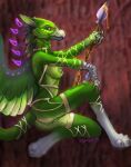  2023 anthro avian breasts caribou_(artist) claws feathered_wings feathers female fur furgonomics genitals green_body green_feathers green_fur gryphon melee_weapon mythological_avian mythology nipples nude polearm pussy signature smile solo spear straps_only weapon white_body white_fur wings yellow_eyes 