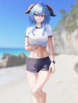  1girl ahoge alternate_costume bare_legs blue_hair blue_sky blurry blurry_background commentary day ganyu_(genshin_impact) genshin_impact grey_shorts hair_between_eyes highres horns lit_for_20 long_hair looking_at_viewer midriff navel outdoors shirt short_shorts short_sleeves shorts sky smile solo standing standing_on_one_leg stomach thighs white_shirt yellow_eyes 