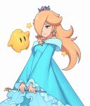  1girl blonde_hair blue_dress blue_eyes crown dress earrings hair_over_one_eye highres holding holding_wand jewelry long_hair luma_(mario) mario_(series) rosalina saiwoproject simple_background star_(symbol) wand white_background 