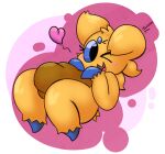  &lt;3 4_eyes anthro black_eyes blue_body blue_sclera blush blush_lines brown_body brown_fur female fur generation_5_pokemon hi_res joltik junkbag looking_at_viewer multi_eye nintendo one_ear_up one_eye_closed open_mouth orange_body orange_fur overweight overweight_female pink_background pokemon pokemon_(species) short_stack simple_background solo thick_thighs white_background wide_hips wink winking_at_viewer 