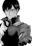  1boy armor ashihara_daisuke bangs boku_no_hero_academia broken_armor broken_eyewear closed_mouth crosshatching cuts glasses greyscale hand_up happy hatching_(texture) high_collar highres iida_tenya injury looking_at_viewer male_focus monochrome outstretched_arm outstretched_hand pov reaching_towards_viewer scratches screentones semi-rimless_eyewear short_hair simple_background smile solo straight_hair upper_body white_background 