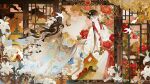  2girls absurdres architecture black_hair chinese_clothes east_asian_architecture flower from_side hanfu highres lily_(flower) long_hair multiple_girls original peony_(flower) profile sainker white_flower 