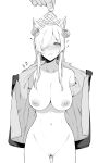  &gt;_&lt; 1boy 1girl @_@ absurdres animal_ear_fluff animal_ears ass_visible_through_thighs blue_archive blush breasts censored cleavage clenched_teeth coin coin_on_string collarbone cowboy_shot gloves greyscale groin hair_over_one_eye halo highres holed_coin hypnosis jacket kanna_(blue_archive) large_breasts mind_control monochrome navel nipples nose_blush open_clothes open_jacket open_shirt pussy sharp_teeth single_bare_shoulder speed_lines sweat takaman_(gaffe) teeth undressing 