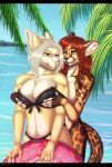  2023 anthro beach canid canine cheetah clothing digital_drawing_(artwork) digital_media_(artwork) duo felid feline female fur green_eyes hair hi_res mammal multicolored_body multicolored_fur multicolored_tail palm_tree plant purple_eyes red_hair reiko4835i sea seaside simple_background smile spots spotted_body spotted_fur standing summer swimwear tail tree water white_body white_hair yellow_body yellow_fur 