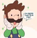  1boy blue_overalls brown_hair cremanata english_text facial_hair gloves green_shirt luigi mario_(series) mustache open_mouth overalls shirt short_hair simple_background speech_bubble upper_body white_gloves 