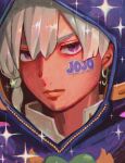  1boy braid earrings grey_hair hair_ornament highres hood hood_up jewelry jodio_joestar jojo_no_kimyou_na_bouken kappa-bushi-16 purple_eyes side_braid single_earring solo star_(symbol) star_hair_ornament sticker_on_face the_jojolands 