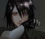  1boy black_hair black_nails fingerless_gloves gloves hair_between_eyes hand_to_own_mouth highres lips mismatched_pupils naruto_(series) nose simple_background solo tamelee uchiha_sasuke 