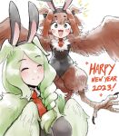  2girls animal_ears bangs bird_ears bird_legs bird_tail black_leotard blush brown_feathers brown_hair brown_wings chinese_zodiac closed_eyes commentary detached_collar english_commentary english_text fake_animal_ears feathers galaxyspark green_eyes green_feathers green_hair green_wings happy_new_year harpy head_wings highres leotard monster_girl multiple_girls necktie open_mouth original rabbit_ears red_necktie smile tail talons white_background winged_arms wings year_of_the_rabbit 