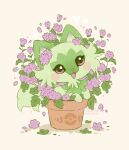  blush_stickers fangs flower flower_pot leaf no_humans open_mouth petals poke_ball_symbol pokemon pokemon_(creature) pokemon_(game) pokemon_sv purple_flower samantha_whitten shadow signature simple_background sprigatito 