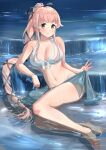  1girl absurdres barefoot bikini blue_sarong breasts brown_eyes cleavage collarbone commentary full_body hair_flaps hair_ribbon highres kantai_collection large_breasts long_hair looking_at_viewer navel osananajimi_neko pink_hair ponytail ribbon sarong sitting solo swimsuit symbol-only_commentary very_long_hair water white_bikini yokozuwari yura_(kancolle) 