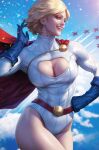  1girl aircraft airplane blonde_hair blue_eyes blue_gloves blue_sky breasts cape cleavage cleavage_cutout clothing_cutout confetti dc_comics fighter_jet gloves highres jet large_breasts leotard looking_at_viewer midair military military_vehicle muscular muscular_female open_mouth power_girl realistic red_cape short_hair signature sky smile stanley_lau teeth 
