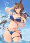  1girl admire_vega_(umamusume) alternate_costume animal_ears bikini breasts brown_hair cleavage cloud collarbone cowboy_shot day hair_between_eyes highres horse_girl kita_(kitairoha) long_hair looking_at_viewer medium_breasts navel ocean outdoors ponytail signature sky solo standing stomach swimsuit thighs umamusume water 