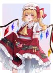  1girl absurdres ascot bangs blonde_hair blush candy crystal fang flandre_scarlet food frilled_skirt frilled_sleeves frills garter_straps hair_between_eyes hat highres lollipop long_hair mob_cap open_mouth red_eyes red_skirt red_vest short_sleeves side_ponytail single_thighhigh skirt smile solo thighhighs touhou usushio vest white_headwear white_thighhighs wings yellow_ascot 