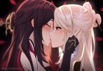  2girls bare_shoulders beidou_(genshin_impact) black_gloves black_hair blush closed_eyes elbow_gloves eyeshadow fingerless_gloves french_kiss from_side genshin_impact gloves helloimtea highres kiss long_hair looking_at_another makeup multiple_girls ningguang_(genshin_impact) open_mouth profile red_eyes red_eyeshadow tongue tongue_out twitter_username white_hair 