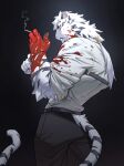  1boy adjusting_clothes adjusting_gloves alternate_hair_length alternate_hairstyle animal_ears arknights bara black_pants blood blood_on_hands blood_on_shirt chest_belt cigarette clenched_teeth feet_out_of_frame frown furry furry_male gloves highres holding holding_cigarette ju_neng_binggui long_hair looking_at_viewer male_focus mountain_(arknights) muscular muscular_male pants ponytail scar scar_across_eye scar_on_face sleeves_rolled_up smoke solo teeth tiger_boy tiger_ears white_fur white_hair 