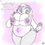  1:1 anthro belly big_belly big_breasts birthday bodily_fluids bovid breasts caprine clothed clothing digital_media_(artwork) domestic_sheep drxii eyewear female fur glasses hair hi_res horn huge_breasts lactating lactating_through_clothing mammal milk nipple_outline nipples pregnant pregnant_female sheep simple_background smile solo wet wet_clothing 