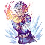  1boy artist_name bangs belt blue_eyes boku_no_hero_academia burn_scar chromatic_aberration commentary cropped_legs cryokinesis dated embers fingernails fire flame floating_hair grey_eyes halftone heterochromia high_collar highres ice looking_at_viewer male_focus mecyo_(mamezurushiki) mismatched_eyebrows multicolored_hair open_mouth outstretched_arms pyrokinesis red_hair scar scar_on_face short_hair simple_background solo split-color_hair todoroki_shouto two-tone_hair upper_body utility_belt white_background white_hair wrist_guards 